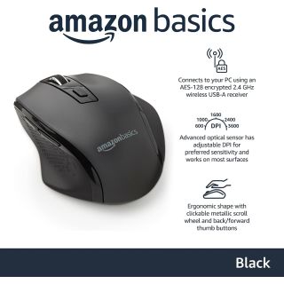 Amazon Basics Portable Wireless Computer Mouse, Ergonomic, 2.4 GHz Optical, DPI Adjustable, Easy to Use, Compatible With PC, Mac, Laptop, Black