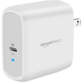 Amazon Basics 65W One-Port GaN USB-C Wall Charger with Power Delivery PD, Foldable Plug, Portable, Fast Charging for Laptops, Tablets & Phones, Non-PPS, White