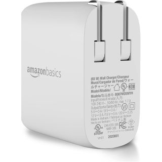 Amazon Basics 65W One-Port GaN USB-C Wall Charger with Power Delivery PD, Foldable Plug, Portable, Fast Charging for Laptops, Tablets & Phones, Non-PPS, White