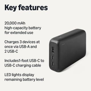 Amazon Basics High-Capacity Portable Charger Power Bank with 3-Port Output, 20,000 mAh, Black