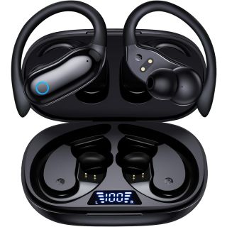 GNMN Active Noise Cancelling Ear Buds Wireless Earbuds 96hrs Playback Bluetooth Headphones Dual Battery Display Stereo Bass Earphones with Earhooks Microphone IPX7 Waterproof for Sports/Runing/Workout