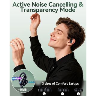 GNMN Active Noise Cancelling Ear Buds Wireless Earbuds 96hrs Playback Bluetooth Headphones Dual Battery Display Stereo Bass Earphones with Earhooks Microphone IPX7 Waterproof for Sports/Runing/Workout