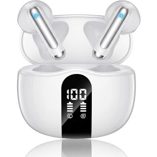 XIAOWTEK Wireless Earbuds, 2026 Bluetooth 5.4 Headphones Bass Stereo Ear Buds with Noise Cancelling Mic, LED Display in Ear Earphones 50H Playtime Ear Buds, IP7 Waterproof for Laptop Pad Phones White