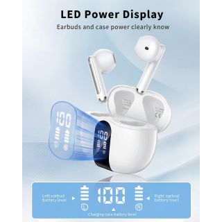 XIAOWTEK Wireless Earbuds, 2026 Bluetooth 5.4 Headphones Bass Stereo Ear Buds with Noise Cancelling Mic, LED Display in Ear Earphones 50H Playtime Ear Buds, IP7 Waterproof for Laptop Pad Phones White