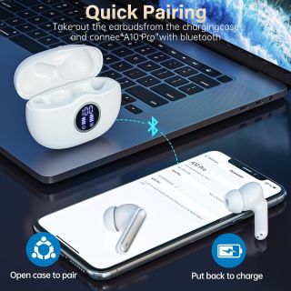 Wireless Earbuds, Bluetooth 5.3 Headphones HiFi Stereo 50H Playback LED Digital Display Ear Buds with ENC Noise Canceling Headset, IPX7 Waterproof Earphones for Gym/Running/Work(White)