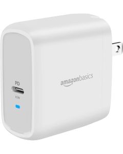 Amazon Basics 65W One-Port GaN USB-C Wall Charger with Power Delivery PD, Foldable Plug, Portable, Fast Charging for Laptops, Tablets & Phones, Non-PPS, White