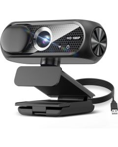 1080P HD Webcam with Microphone, Noise Cancellation, Privacy Cover, Wide-Angle Lens, Auto Light Correction, Plug & Play USB Webcam for Laptop, Desktop, PC, Mac, Zoom, Skype, Streaming (Black)